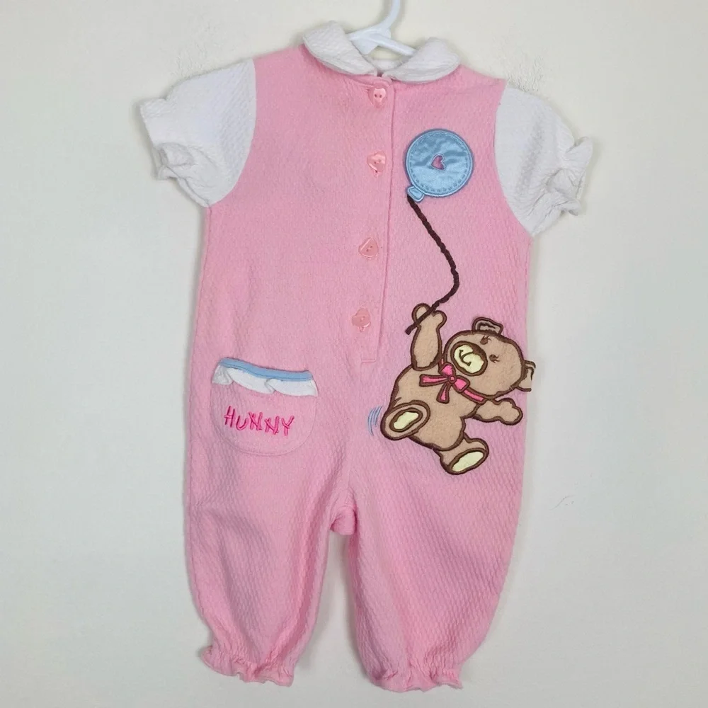 Vintage Catton Candy pink & white one piece with bear & balloon appliqué. 9 m